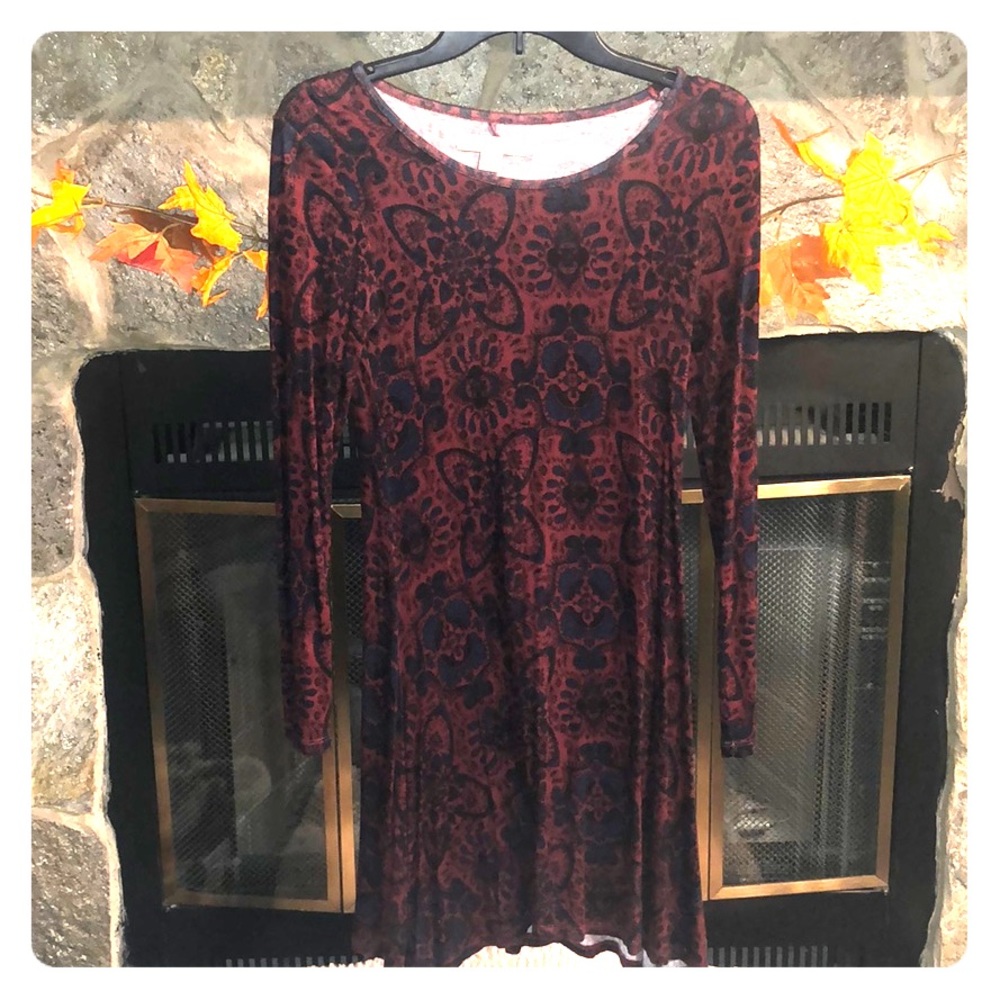 Red blue black printed long sleeve dress